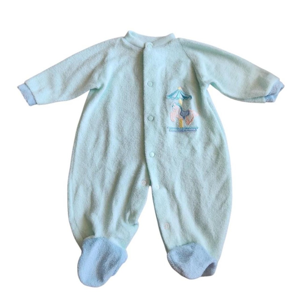 Vintage Carousel Horse Footie Sleeper Newborn 0-3M Mint Green Terry Cloth
